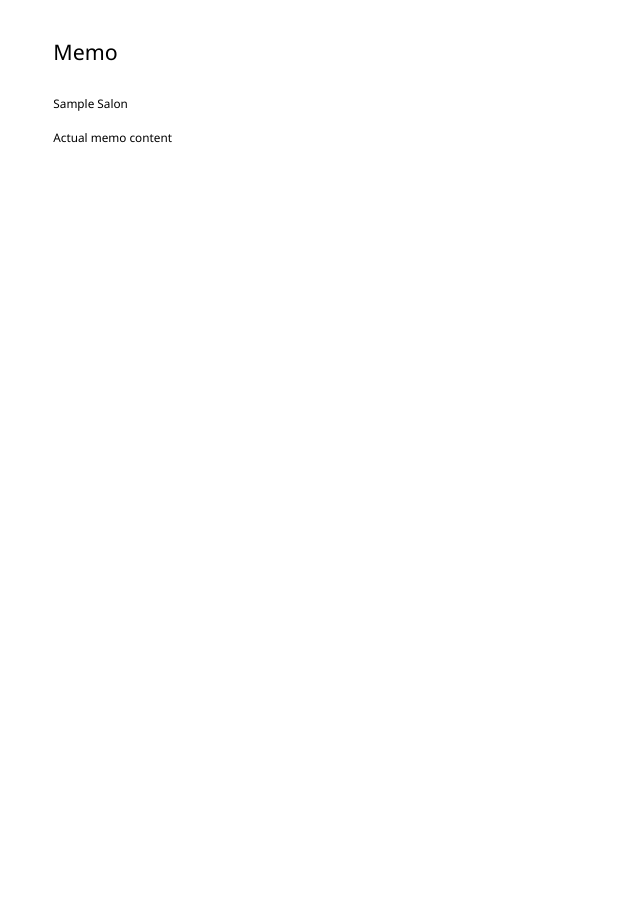 The sample PDF contains Sample Salon and the supplied Actual memo content.