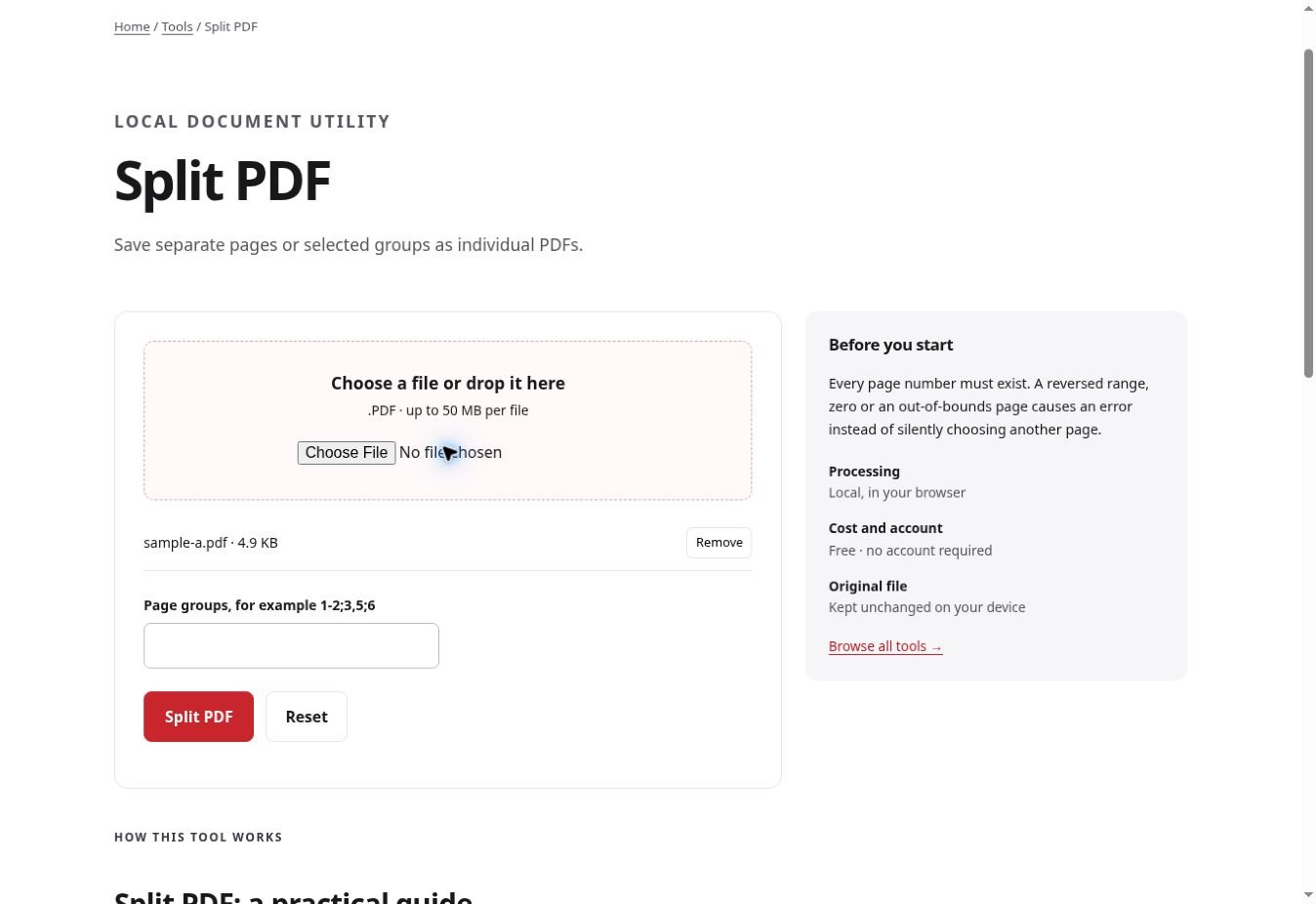 The test split two pages with 1;2 and independently opened both one-page PDFs in the downloaded ZIP.